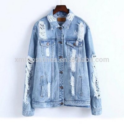 2017 new casual Brushed women jeans jacket distressed holes washed denim jeans coat for women